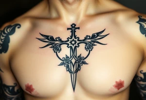 A gothic cross with a sword tip on the bottom going through an infinity sign and has roses and vines growing around tattoo idea