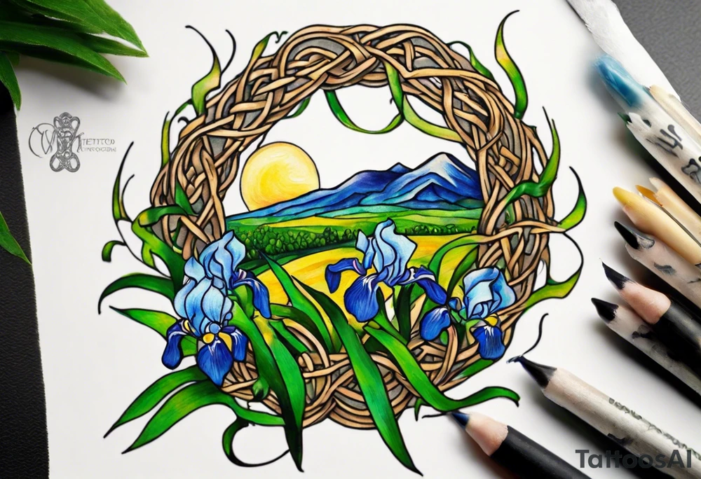 Create a small, thick, colorful Vincent van Gogh Irises tattoo, with vines in Celtic knots gracefully intertwining at a central point in the middle of the wreath. Inside the tattoo is mountains. The intended placement is on the upper chest. The overall design should be small in size while maintaining a delicate and artistic aesthetic. Pay attention to the graceful flow of the vines and the placement of the irises to achieve a refined and elegant look. tattoo idea