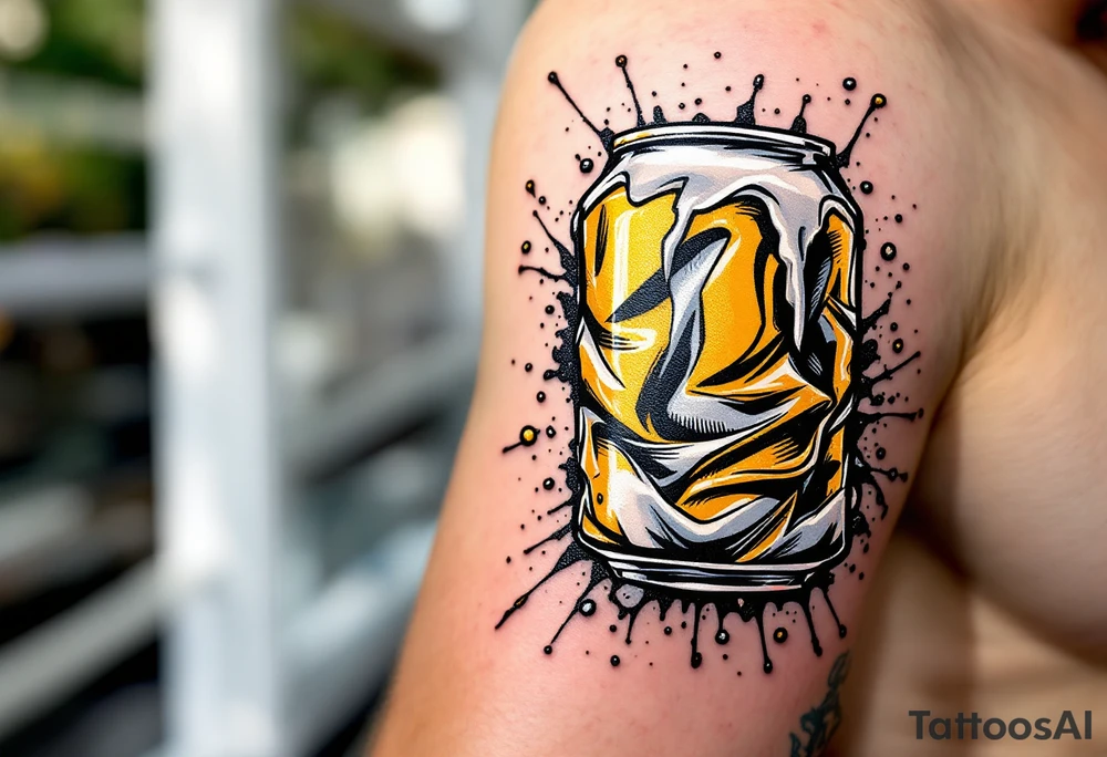 Beer Can Pop Art – A crumpled beer can in bold comic-book style, with splashes of gold, white, and chrome. Fun and modern. tattoo idea