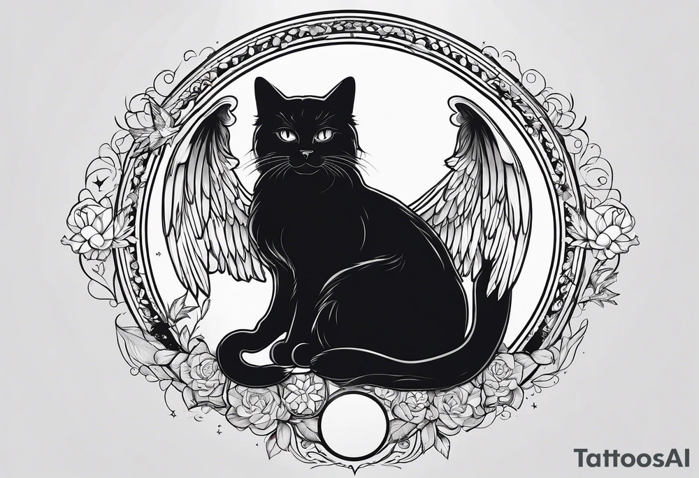 black cat with angel halo tattoo idea