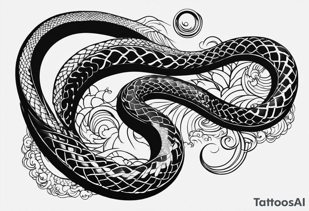 Simple Double head snake tattoo for placement going downwards along the spine in japanese style to symbolise a journey of healing and transformation with reference to being a twin tattoo idea