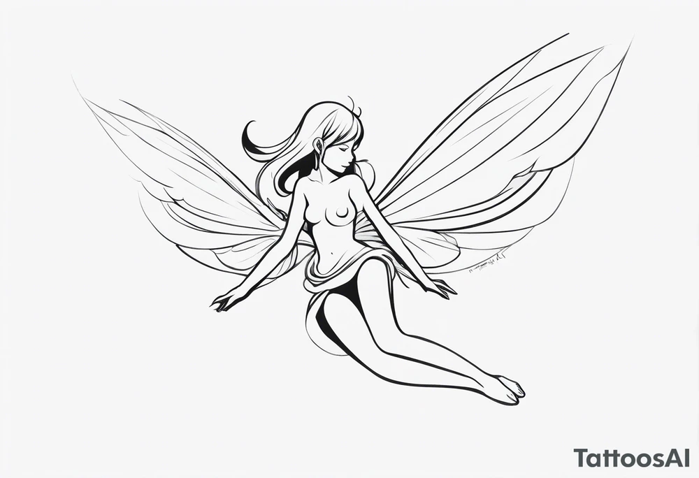 Minimalistic, monochromatic fairy with a tail flying to the left in a fetal position, leaning and looking in the same direction, with visible hands, embodying the 'Fairy Tail' logo aesthetic. tattoo idea