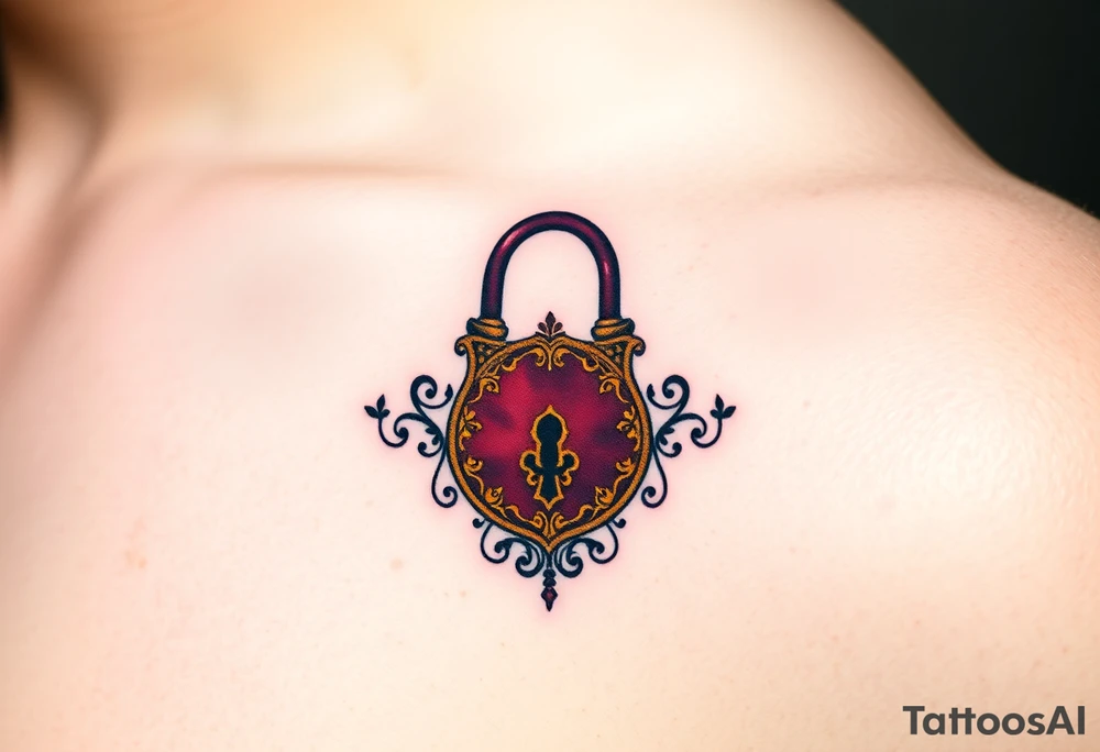 A vintage lock and key in deep burgundy and gold, with intricate filigree patterns tattoo idea