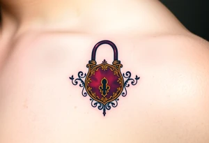 A vintage lock and key in deep burgundy and gold, with intricate filigree patterns tattoo idea