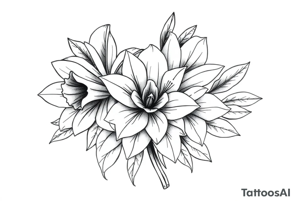 fine line flower bouquet that has daffodil, violet and narcisuss tattoo idea