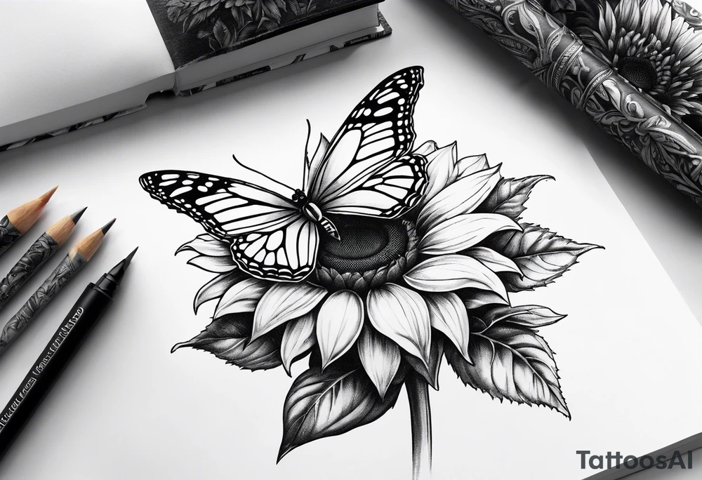 Sunflower, butterfly, book tattoo idea