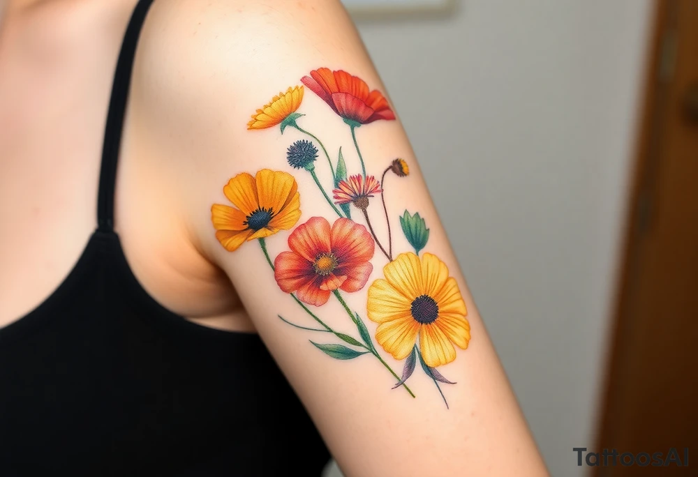 Create an image of an upper arm tattoo (from shoulder cap to just above the elbow) comprised of California poppies, California blackberries, gray’s lupine, marsh marigold, Indian paintbrush, one daisy, and an orange and orange blossom. Use color tattoo idea