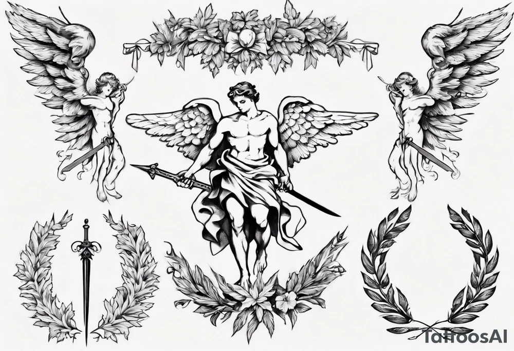 number 13, a laurel leaf wreath, and a Male angel holding sword tattoo idea