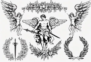 number 13, a laurel leaf wreath, and a Male angel holding sword tattoo idea