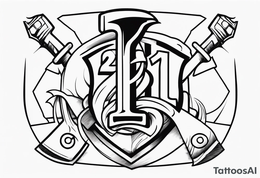 Simple line work tattoo with number 21, firefighters Hooligan bar and a fire fighter Axe tattoo idea