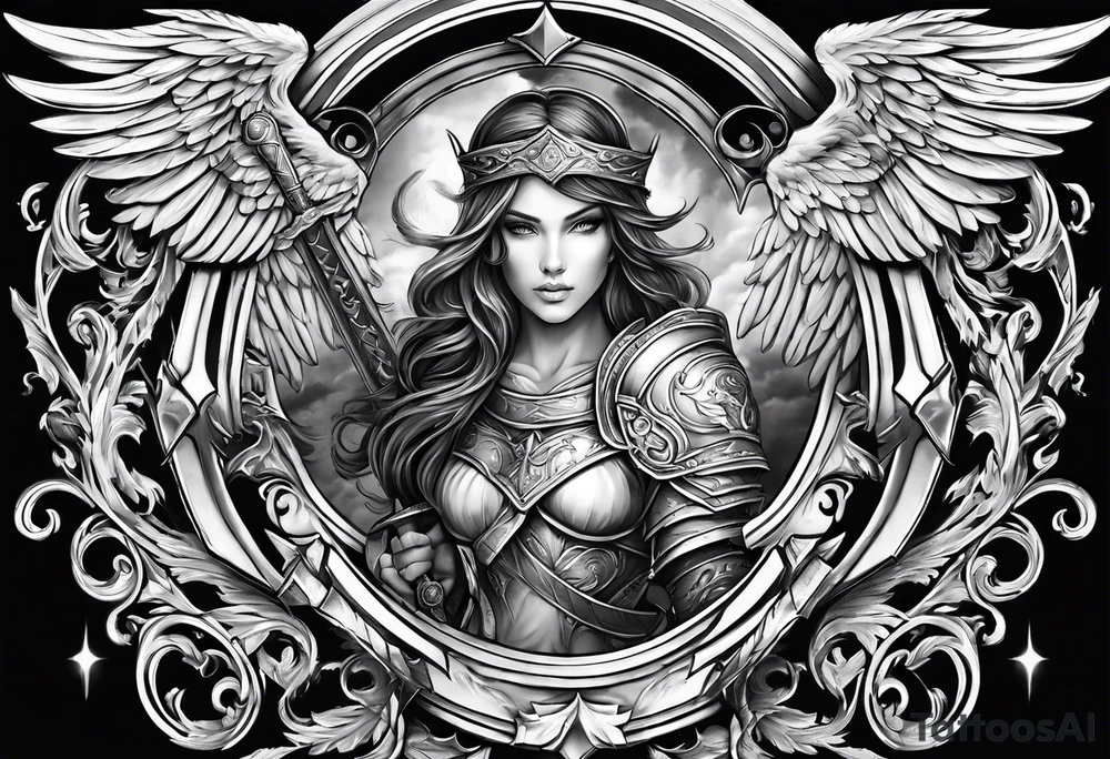 Angels with sword & Shield in sky tattoo idea