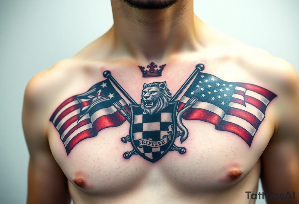 Racing flags, with a chessboard, smoke & a lion family crest tattoo idea