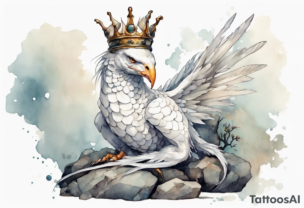 a white bird-serpent hybrid, wearing a iron crown, sitting on a stone tattoo idea
