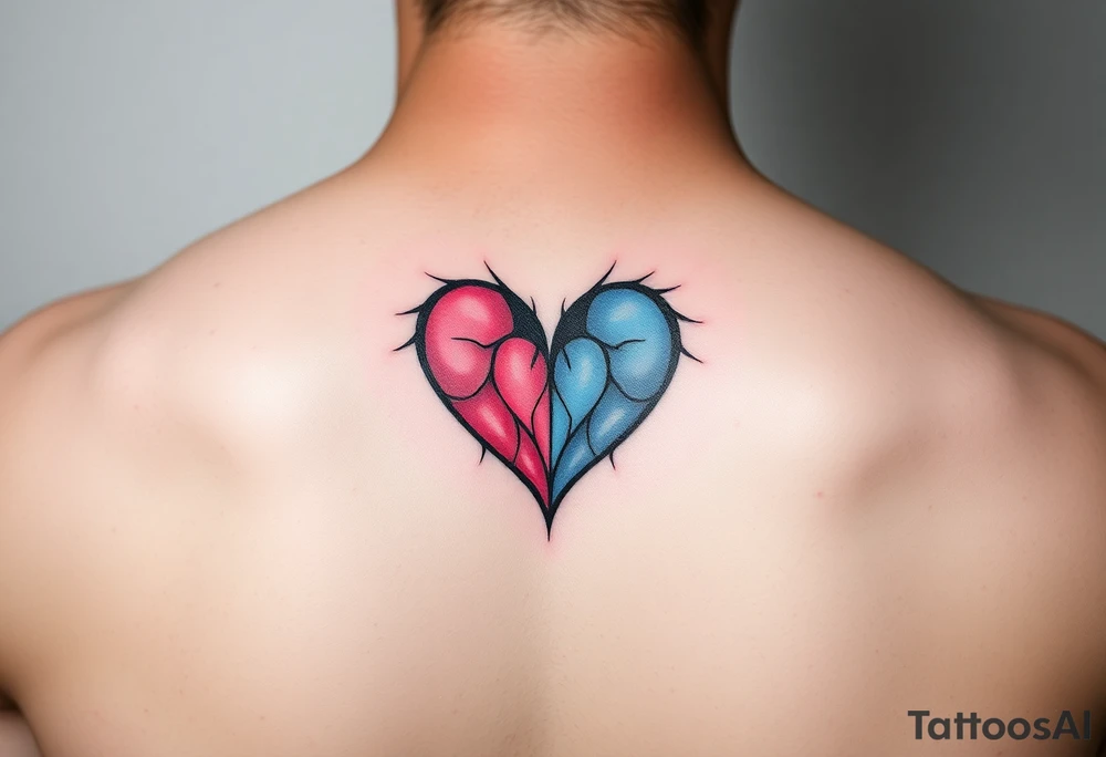 Half Pink and half  blue semi love heart tattoo idea