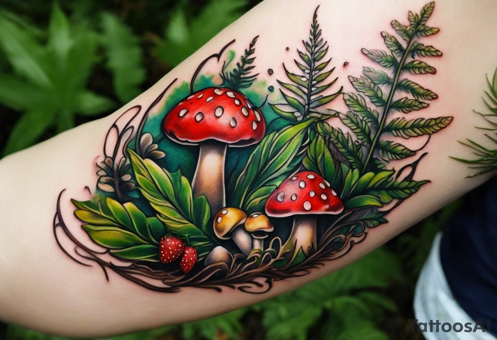 forest floor inspired realistic tattoo, which includes grass, curly ferns and dead leaves as the bulk of the tattoo. details to include: three very tiny strawberries, couple of VERY small mushrooms, a tiny bumblebee flying nearby tattoo idea