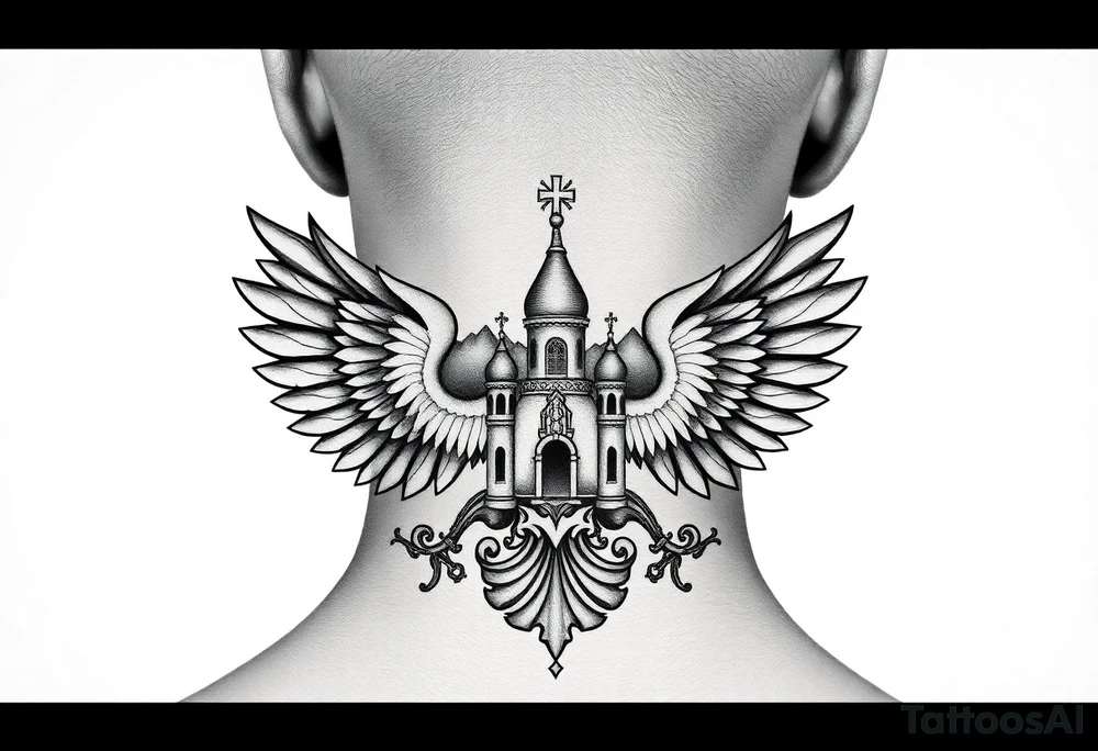 russian coat of arms with both heads visible & wings spanning out on my back neck across on to my shoulders with an orthodox christian church being visible in a mountainous sun beaming setting, with the russian orthodox cross spire of the orthodox church being visible on my neck with a sun beaming in the background that the cross sits inside tattoo idea