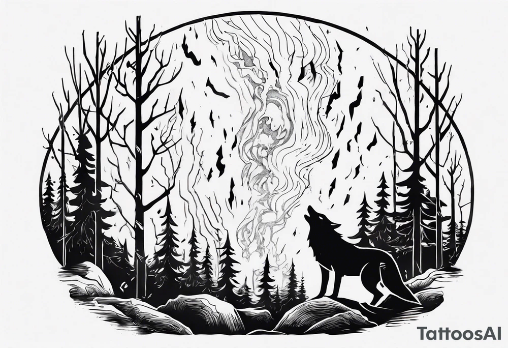 thunderstorm over a forest with a wolf howling on drums tattoo idea thunderstorm over a forest with a wolf howling on drums tattoo idea