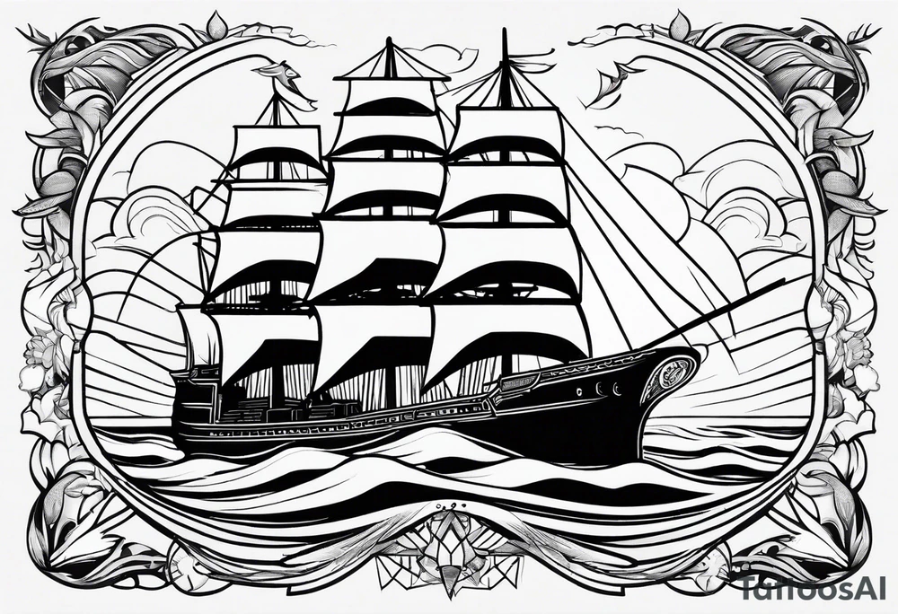 Ship with a Phoenix and the background. Geometric design layered through the design tattoo idea