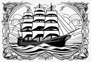 Ship with a Phoenix and the background. Geometric design layered through the design tattoo idea