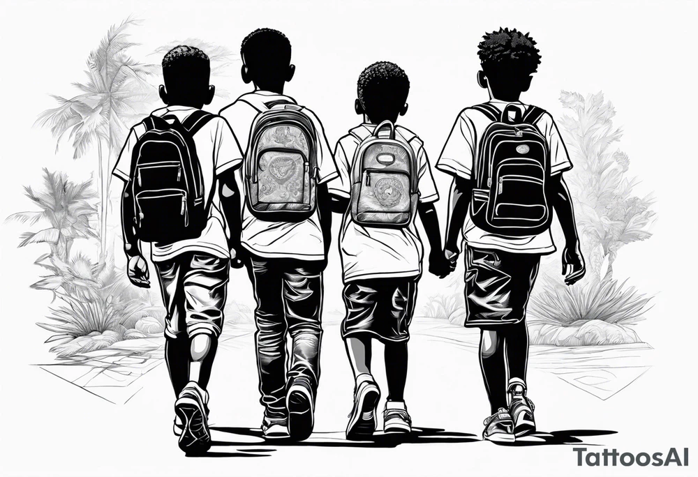 full bodies of 3 black school age boys walking away together and one is looking to the side at the one in the middle tattoo idea