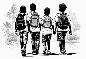 full bodies of 3 black school age boys walking away together and one is looking to the side at the one in the middle tattoo idea