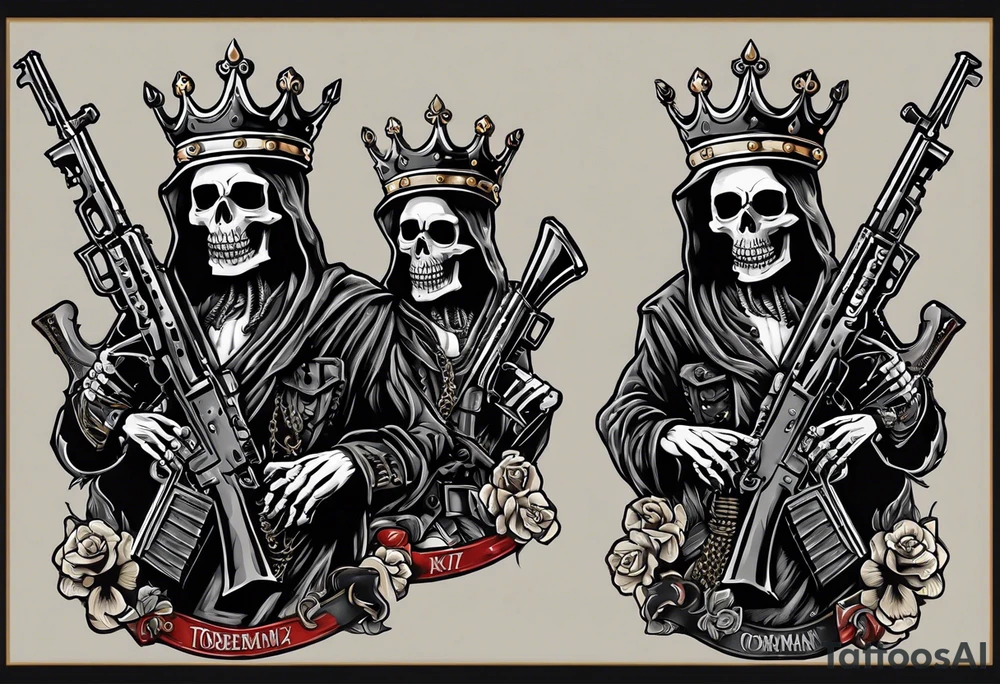 image of a skeleton standing frontally with a crown on his head, holding an AK-47 on his shoulder with his right hand. The chain on the left should be taut, there are three angry barking Dobermans in it, near the waist tattoo idea