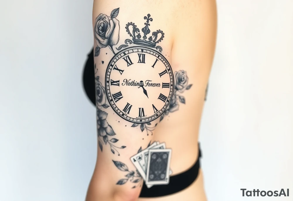 Roman clock with roses and a crown,  a quote that says nothings forever. and on the bottom a deck of cards tattoo idea