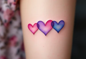 Three delicate hearts in a watercolor gradient of pink, lavender, and teal, fading into each other to symbolize everlasting love. tattoo idea