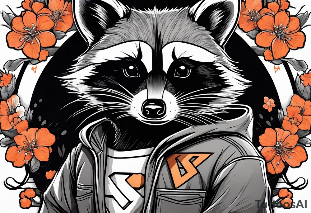 Raccoon wearing a white Superman logo on a black hoodie and orange Japanese cherry blossoms tattoo idea
