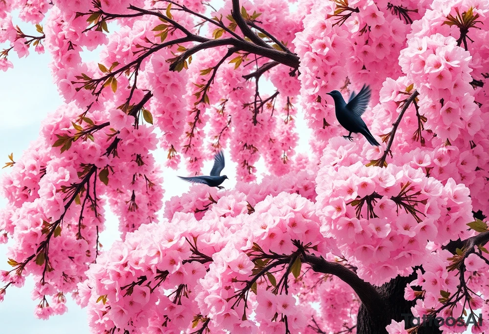 A big pink, weeping tree with huge  lushish leaves there are 2 doves. 1 is a flying into the sky. The second one is hovering above the ground that’s turning black like she stained with grief. Goth romance 
These are the dates I want dainty in the heavily overflow of weeping cherry blossom branches and leaves March 31, 2024 – July 2, 2024 tattoo idea