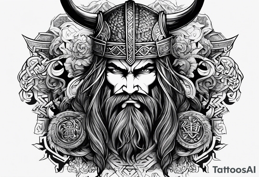 half face of a viking and half face of samurai tattoo idea