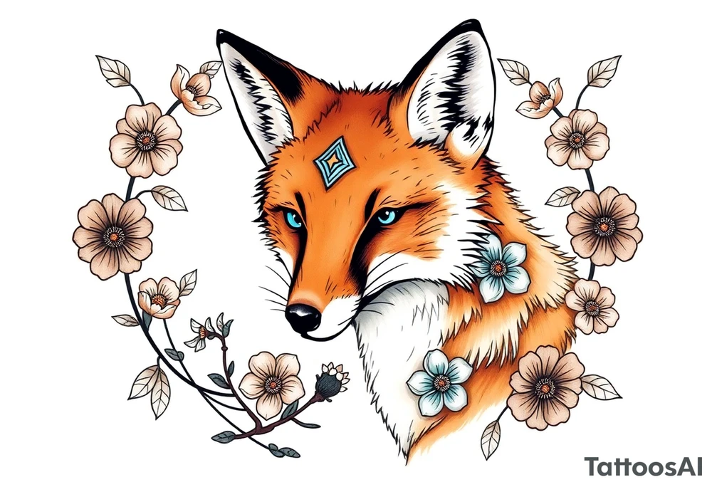 adult fox with blue jewelry smelling wild flowers tattoo idea