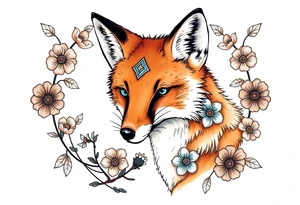 adult fox with blue jewelry smelling wild flowers tattoo idea