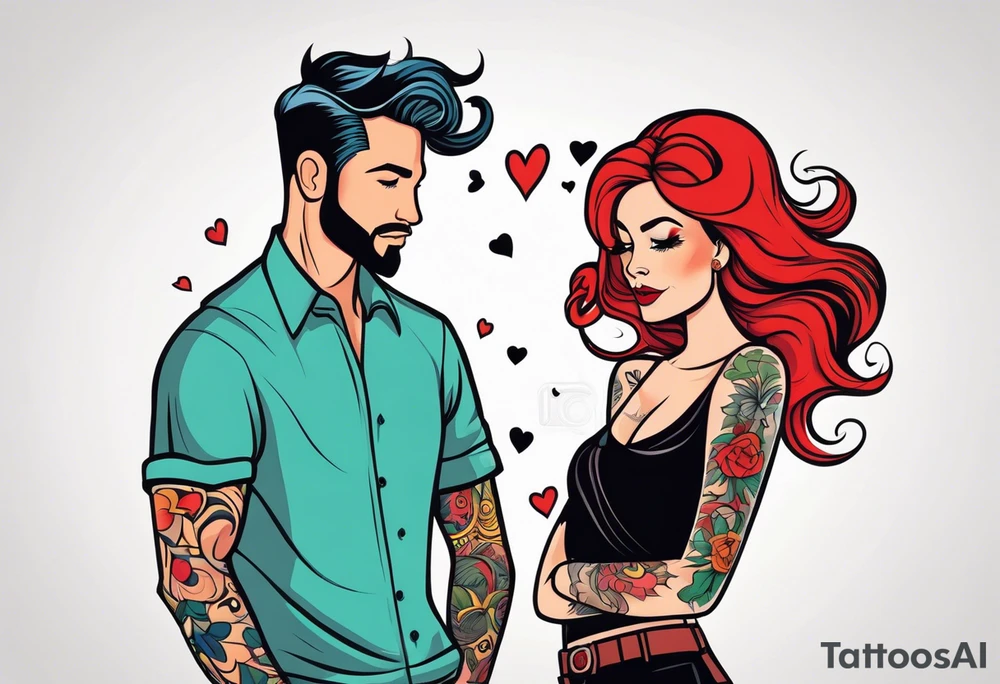 Red haired woman with black haired man tattoo idea