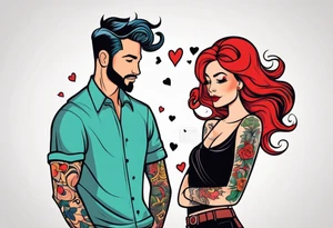 Red haired woman with black haired man tattoo idea
