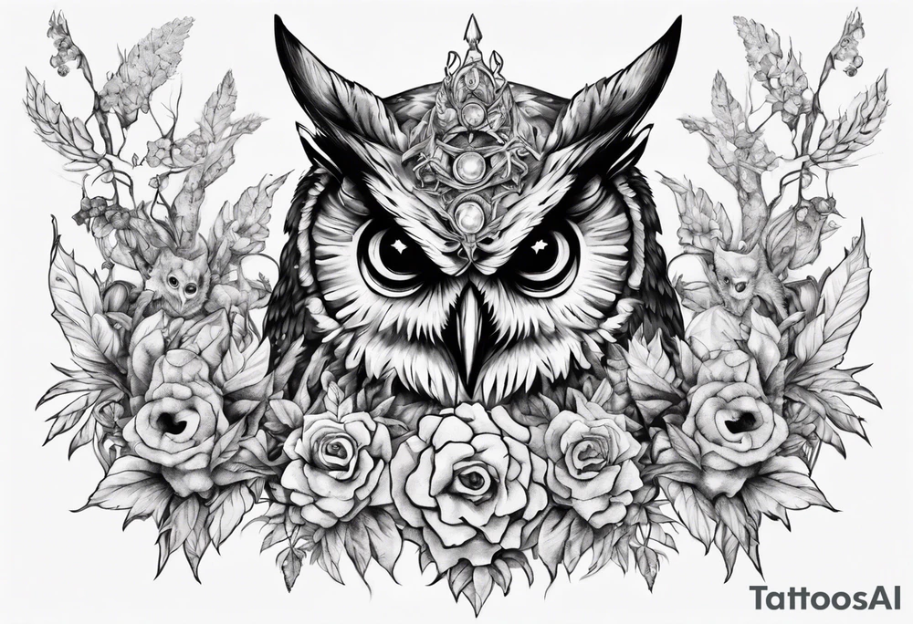 Demon crowned Owl surrounded by poisonous plants, crystals and astrology. tattoo idea