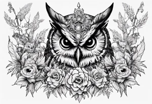 Demon crowned Owl surrounded by poisonous plants, crystals and astrology. tattoo idea