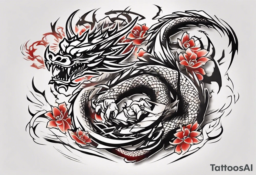 Powerful tattoo writing Jiu-Jitsu with Strong shadows and lines and dragon around for arm tattoo tattoo idea