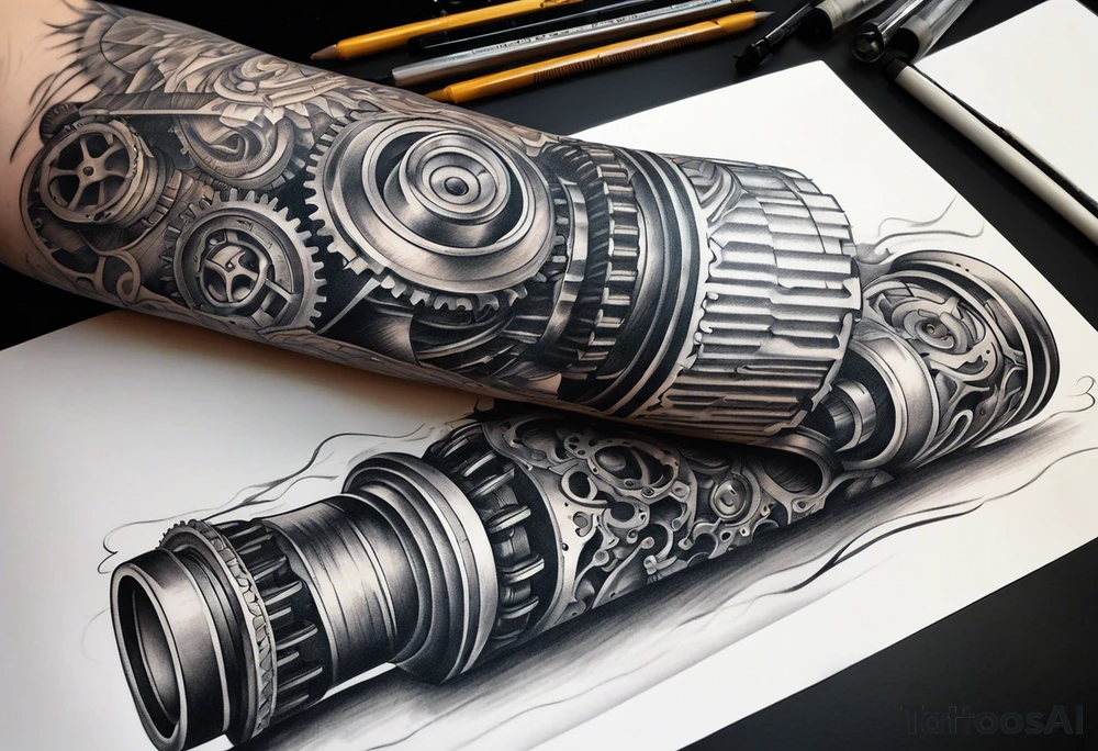 a biomechanical armsleeve with gears and pistons and springs tattoo idea