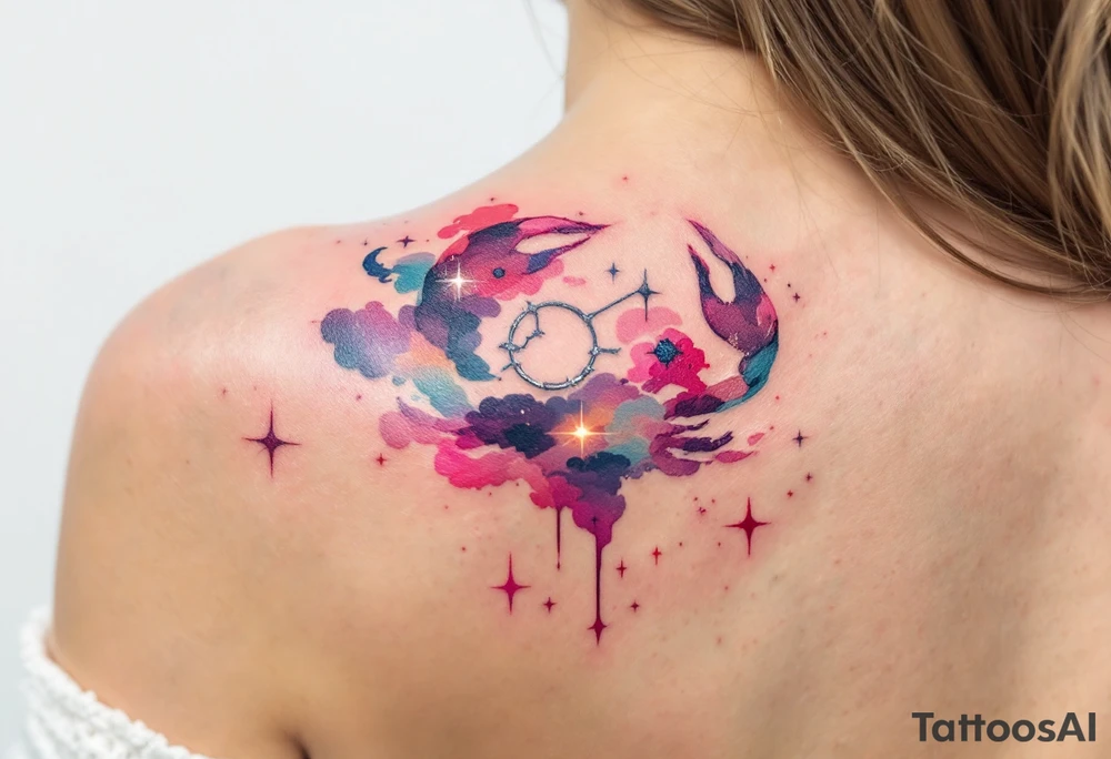 A pink and navy ombré sky holds the Cancer constellation with a silver zodiac glyph glowing at its center. tattoo idea