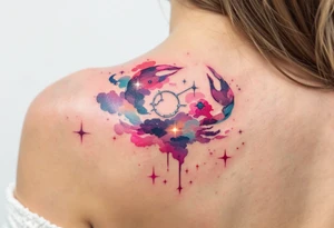A pink and navy ombré sky holds the Cancer constellation with a silver zodiac glyph glowing at its center. tattoo idea