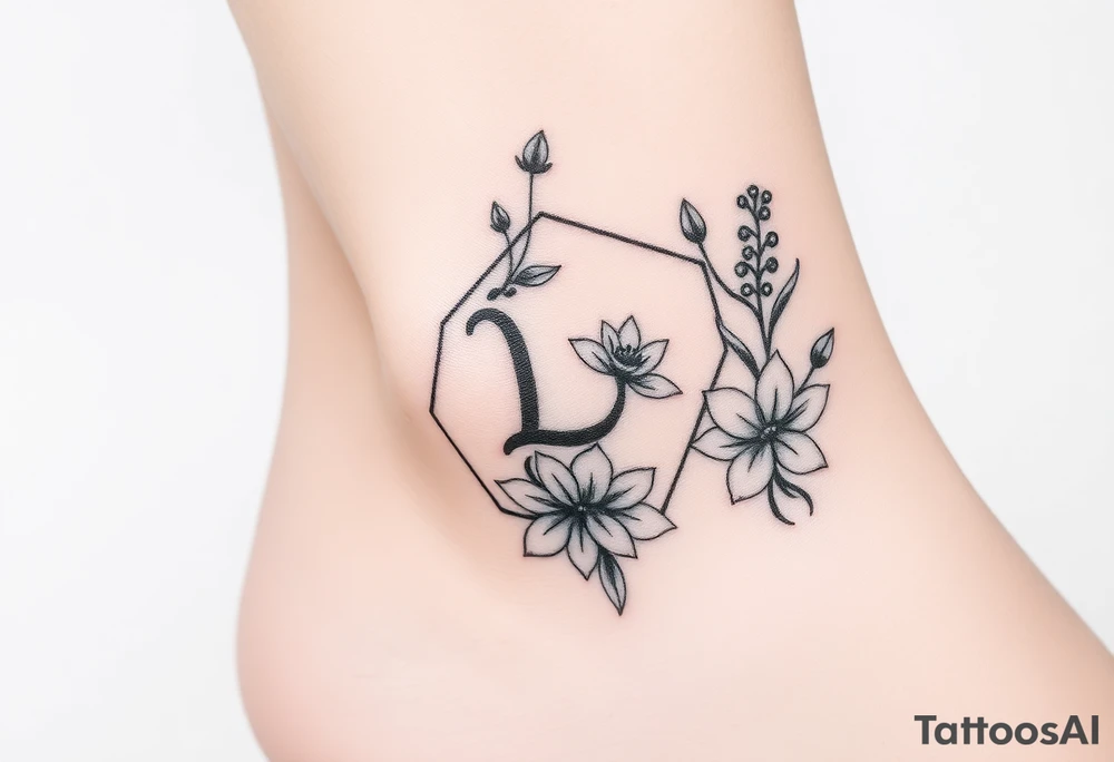 Hexagon Leo symbol larkspurs and water lilies tattoo idea