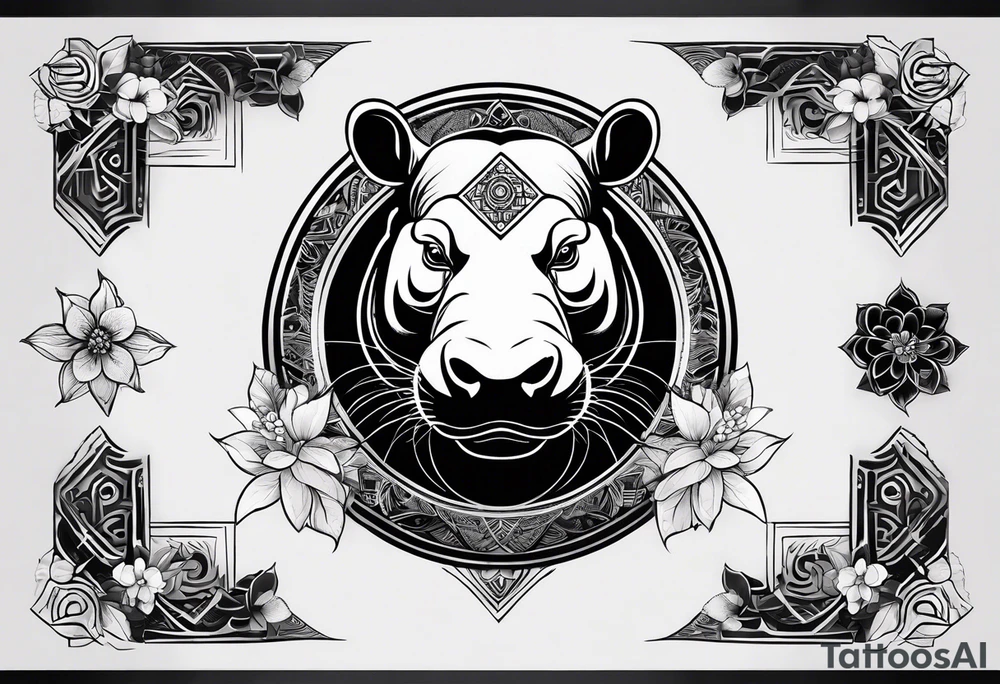 Very asymmetrical, +geometric pattern, with realistic full moon, with big eyes small ears 
hippo, +zen feel, + Buddhism touch, +tribal, +geometric, +inkart 
with wintersweet flower bud, +portrait orientation, +inkart touch, tattoo idea
