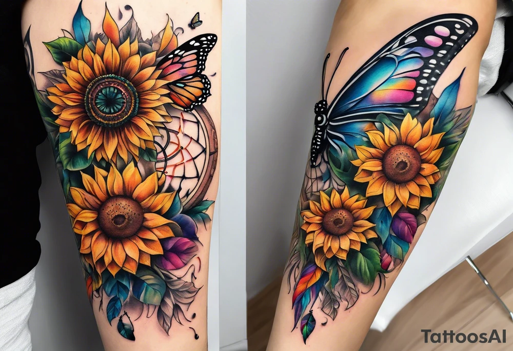 Quarter Leg sleeve with dreamcatcher, rainbow sunflowers and one butterfly tattoo idea