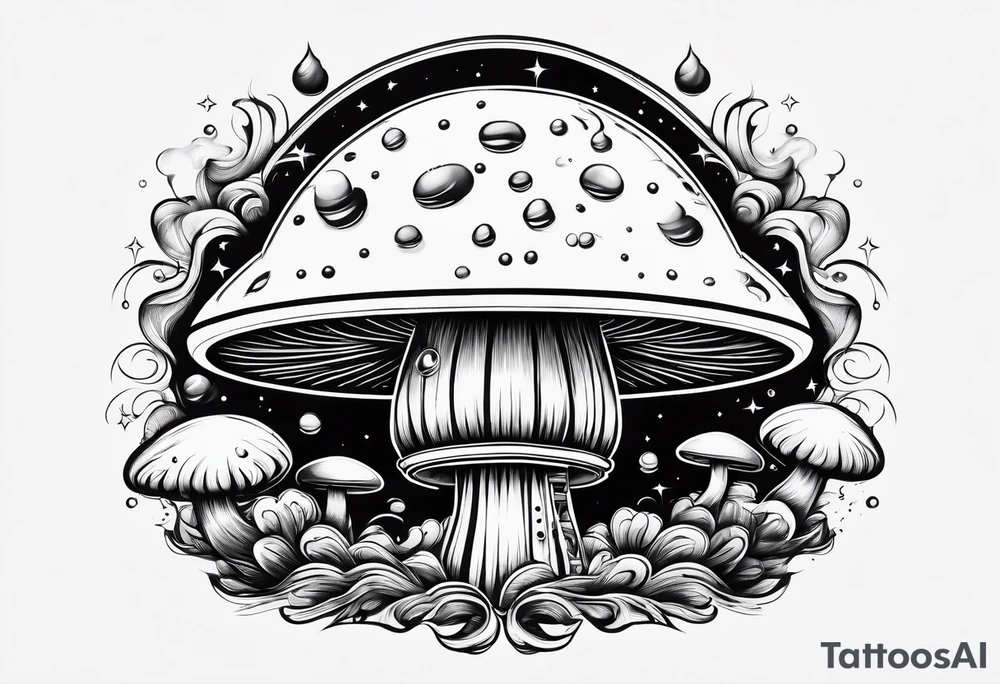 thin mushroom rocketship with fire coming out the bottom bursting out of bubble tattoo idea