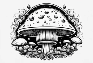 thin mushroom rocketship with fire coming out the bottom bursting out of bubble tattoo idea