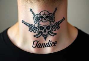 Throat piece hustler bouquet work skulls guns and the name Candice tattoo idea