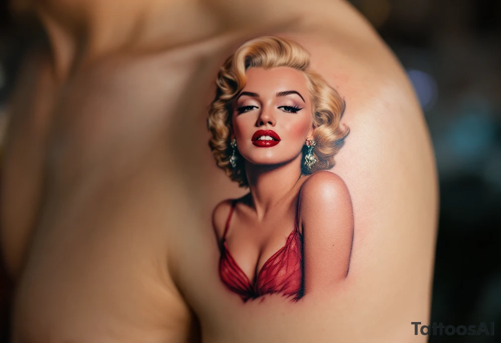 1950s movie poster-style tattoo with Marilyn in vibrant red dress and golden curls. tattoo idea