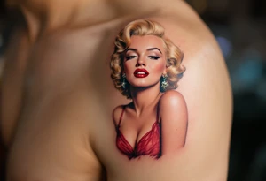 1950s movie poster-style tattoo with Marilyn in vibrant red dress and golden curls. tattoo idea