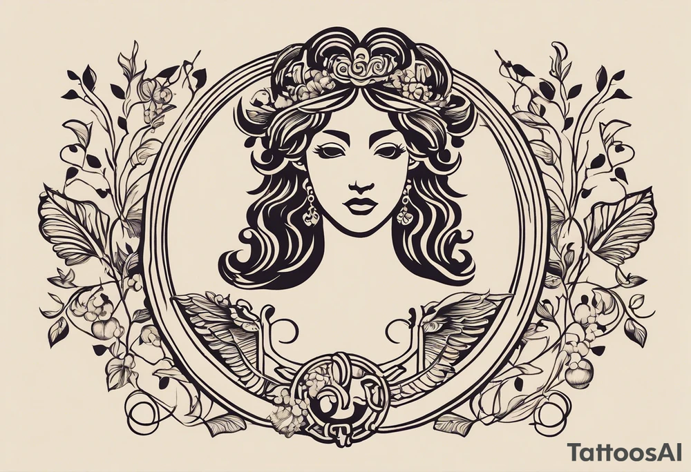 Create a tattoo design that beautifully merges the Greek gods Dionysus and Clio into a cohesive visual narrative. Incorporate Dionysus, the god of wine, ecstasy, and theater, with symbols such as grapevines, wine goblets, masks, or thyrsus staffs. For Clio, the muse of history and lyre-playing, consider incorporating scrolls, books, quills, or musical instruments. Ensure the design reflects their personalities, with Dionysus evoking a sense of wild revelry and Clio embodying scholarly wisdom and artistic inspiration. The design should seamlessly blend these elements to tell a captivating story of divine creativity and knowledge. tattoo idea